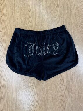 Juicy Couture Black Velour Rhinestone Back Logo Track Lounge Shorts Size L